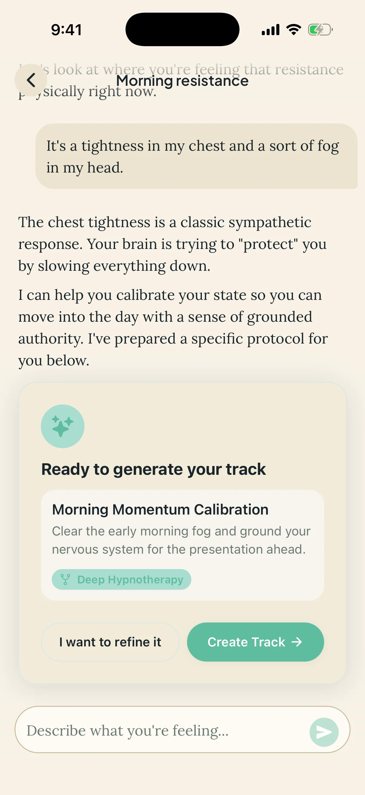 Oriamind AI chat interface for generating personalized hypnosis sessions