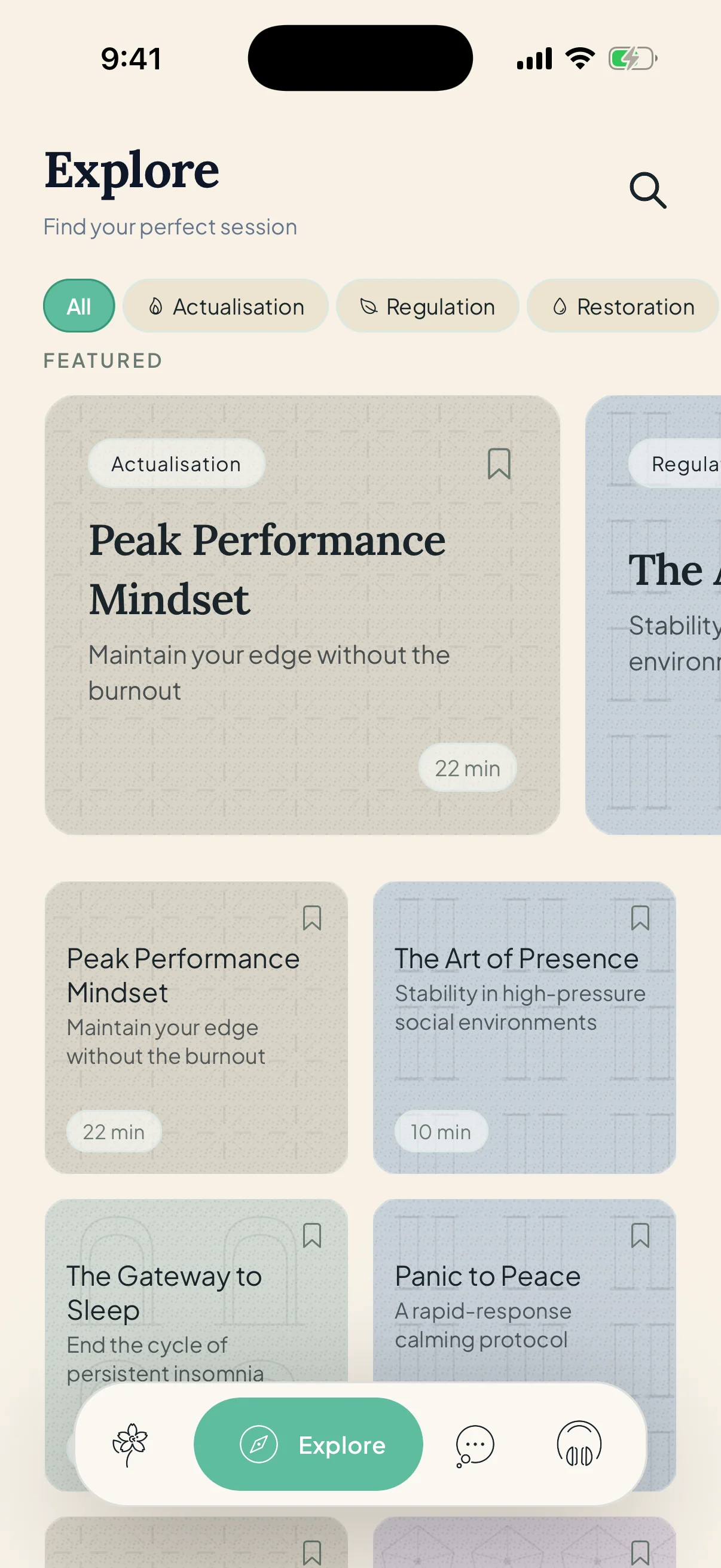 Oriamind app explore screen with AI hypnosis use case categories